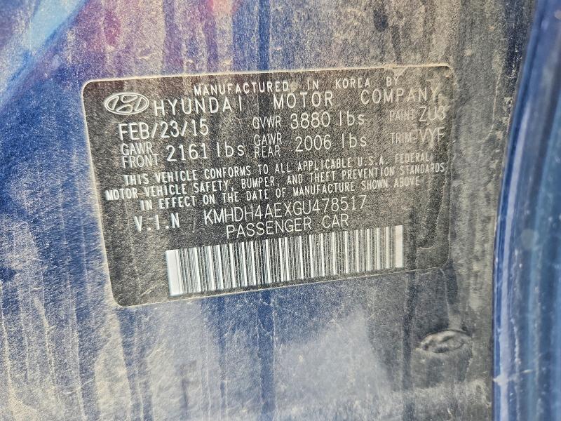 54472316 :رقم المزاد ، KMHDH4AEXGU478517 vin ، 2016 Hyundai Elantra مزاد بيع