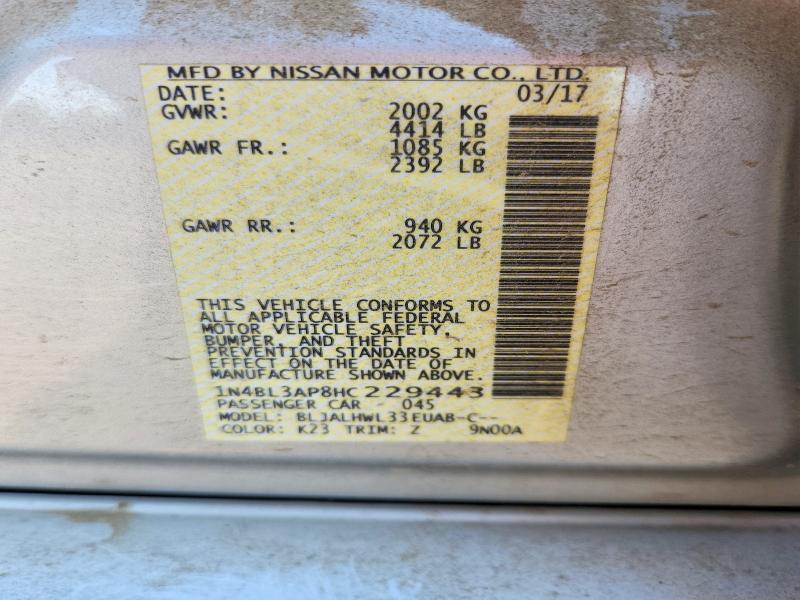 2017 Nissan Altima მანქანა იყიდება აუქციონზე, vin: 1N4BL3AP8HC229443, აუქციონის ნომერი: 52185386