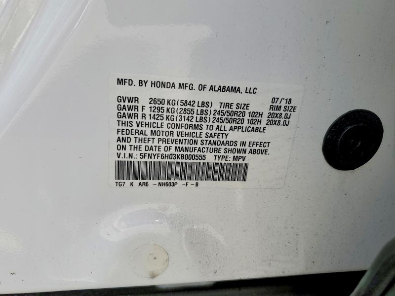 2019 Honda Pilot მანქანა იყიდება აუქციონზე, vin: 5FNYF6H03KB000555, აუქციონის ნომერი: 52271026