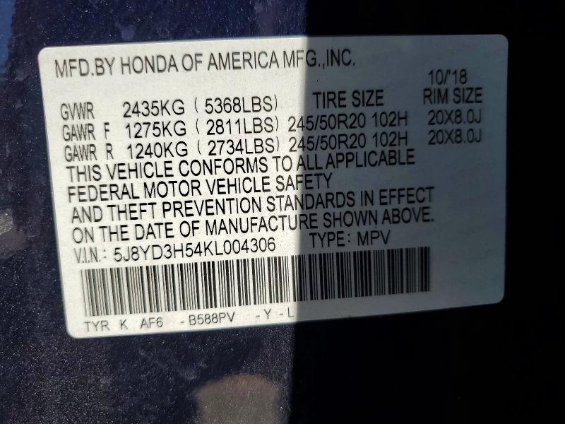 Aukcja sprzedaży 2019 Acura Mdx, vin: 5J8YD3H54KL004306, numer aukcji: 54250326