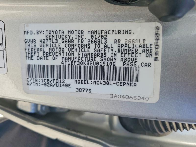 2002 Toyota Camry მანქანა იყიდება აუქციონზე, vin: 4T1BF30K82U019106, აუქციონის ნომერი: 53125806
