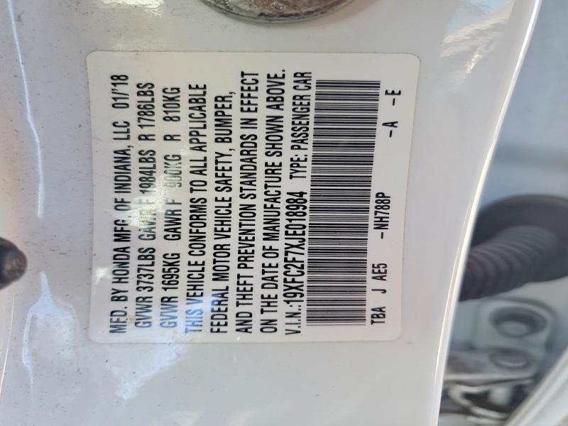 Продаж на аукціоні авто 2018 Honda Civic, vin: 19XFC2F7XJE018984, номер лоту: 53643836