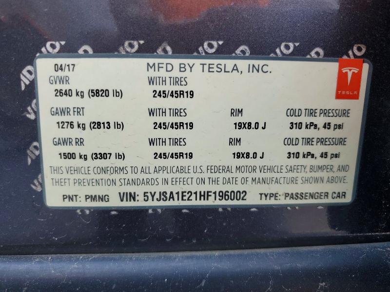 Aukcja sprzedaży 2017 Tesla Model S, vin: 5YJSA1E21HF196002, numer aukcji: 53598576