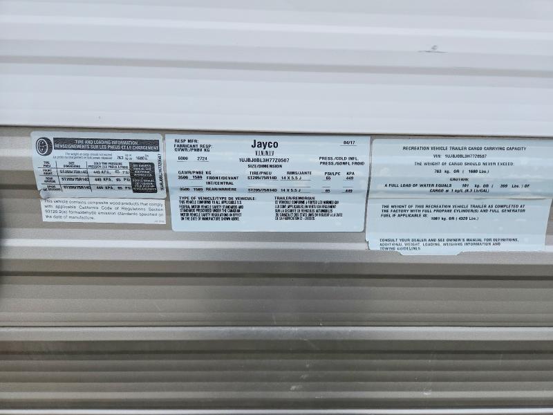 2017 Jayco Jay Flight Slx მანქანა იყიდება აუქციონზე, vin: 1UJBJ0BL3H77Z0507, აუქციონის ნომერი: 54556766