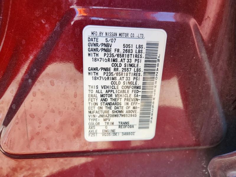 47118176 :رقم المزاد ، JN8AZ08W87W652945 vin ، 2007 Nissan Murano مزاد بيع