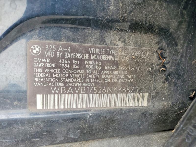2006 Bmw 325 მანქანა იყიდება აუქციონზე, vin: WBAVB17526NK36570, აუქციონის ნომერი: 51367306