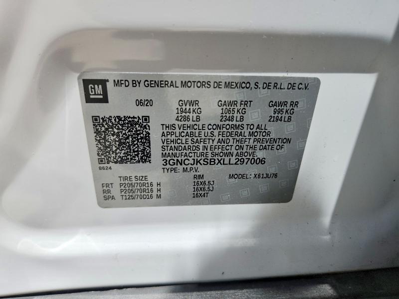 2020 Chevrolet Trax მანქანა იყიდება აუქციონზე, vin: 3GNCJKSBXLL297006, აუქციონის ნომერი: 53276956