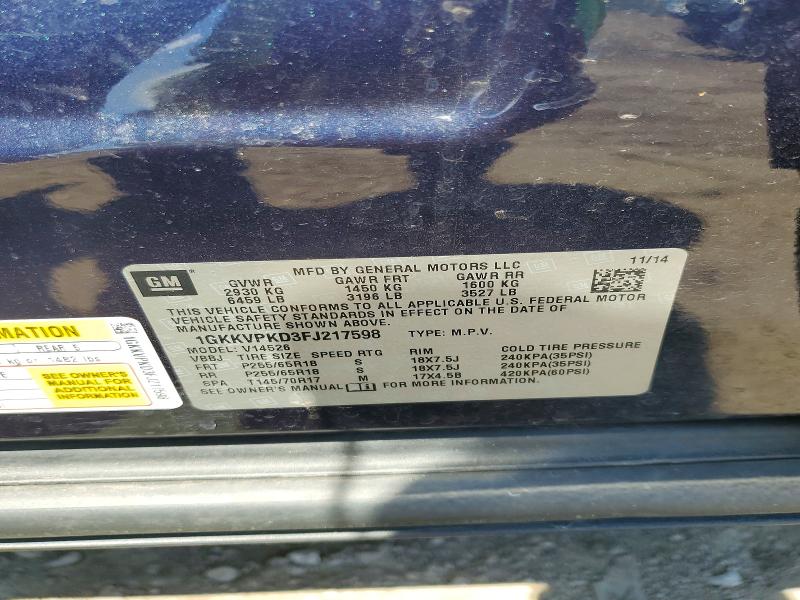 54593486 :رقم المزاد ، 1GKKVPKD3FJ217598 vin ، 2015 Gmc Acadia مزاد بيع