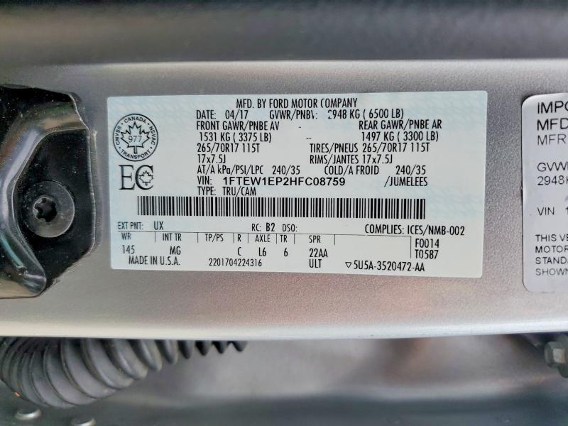 Aukcja sprzedaży 2017 Ford F150, vin: 1FTEW1EP2HFC08759, numer aukcji: 53036066