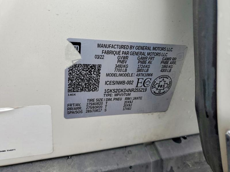 2022 Gmc Yukon Xl მანქანა იყიდება აუქციონზე, vin: 1GKS2GKD4NR255219, აუქციონის ნომერი: 54014946