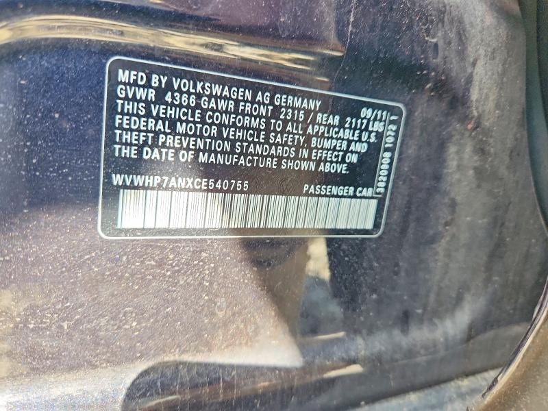 Aukcja sprzedaży 2012 Volkswagen Cc, vin: WVWHP7ANXCE540755, numer aukcji: 52953276