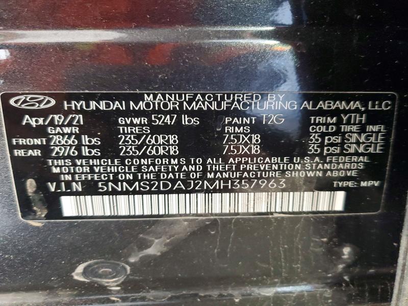 2021 Hyundai Santa Fe მანქანა იყიდება აუქციონზე, vin: 5NMS2DAJ2MH357963, აუქციონის ნომერი: 52828456