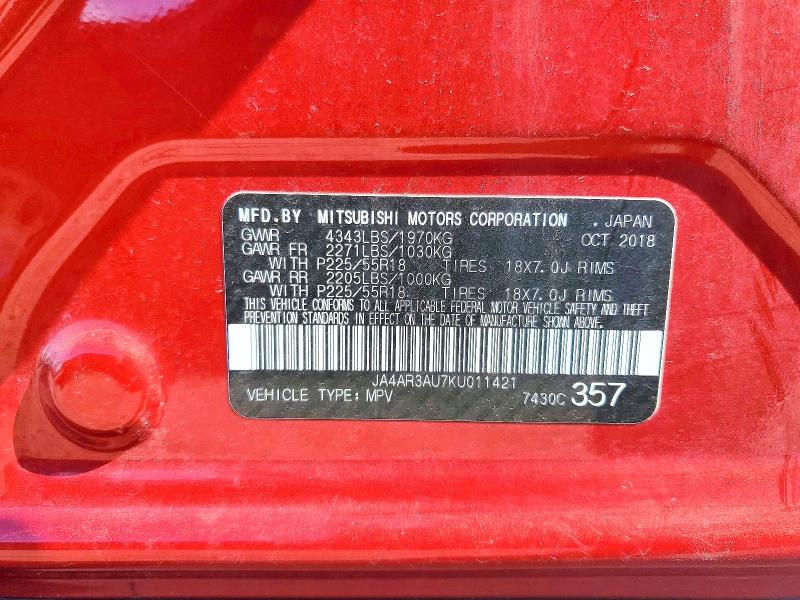 54867166 :رقم المزاد ، JA4AR3AU7KU011421 vin ، 2019 Mitsubishi Outlander Sport مزاد بيع