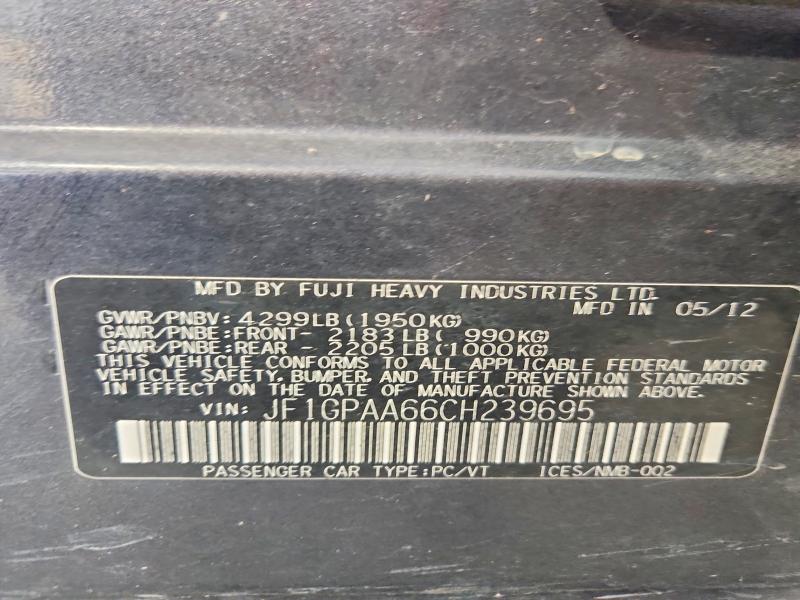 2012 Subaru Impreza მანქანა იყიდება აუქციონზე, vin: JF1GPAA66CH239695, აუქციონის ნომერი: 52607106