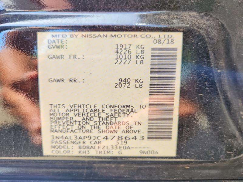 2018 Nissan Altima მანქანა იყიდება აუქციონზე, vin: 1N4AL3AP9JC478643, აუქციონის ნომერი: 55143716