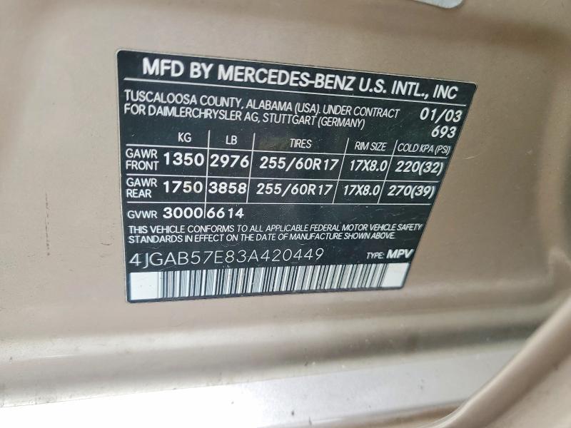 53671416 :رقم المزاد ، 4JGAB57E83A420449 vin ، 2003 Mercedes-benz Ml مزاد بيع