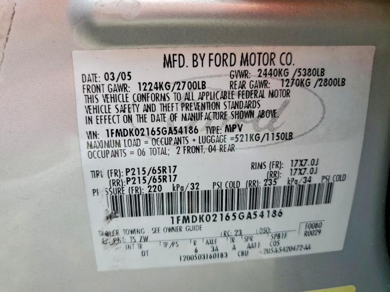 Продажа на аукционе авто 2005 Ford Freestyle, vin: 1FMDK02165GA54186, номер лота: 54639326