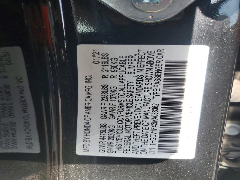 52894916 :رقم المزاد ، 1HGCV1F42MA038362 vin ، 2021 Honda Accord مزاد بيع