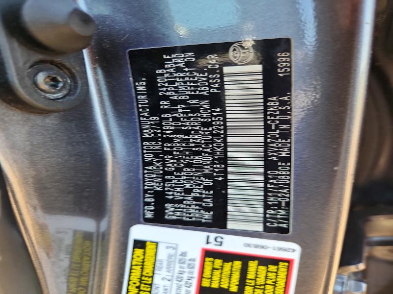 2019 Toyota Camry მანქანა იყიდება აუქციონზე, vin: 4T1B11HK0KU229514, აუქციონის ნომერი: 55521066