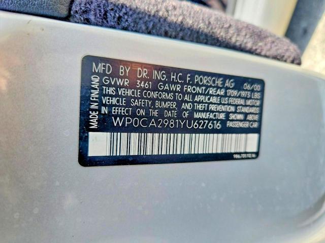 2000 Porsche Boxster მანქანა იყიდება აუქციონზე, vin: WP0CA2981YU627616, აუქციონის ნომერი: 55007496