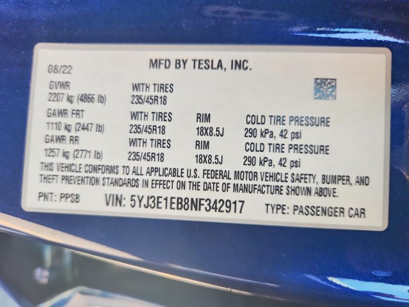 Продажа на аукционе авто 2022 Tesla Model 3, vin: 5YJ3E1EB8NF342917, номер лота: 52851626