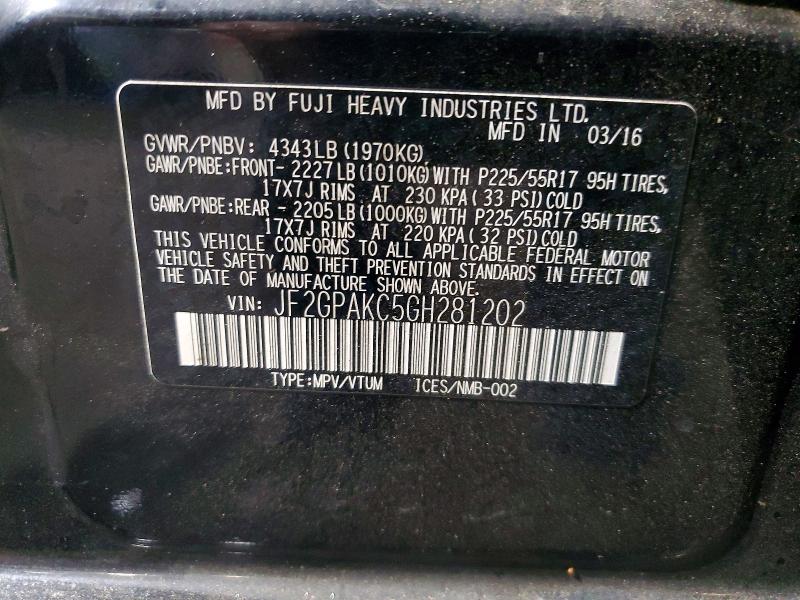 52438866 :رقم المزاد ، JF2GPAKC5GH281202 vin ، 2016 Subaru Crosstrek مزاد بيع