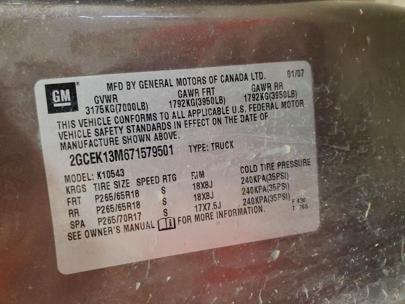 Auction sale of the 2007 Chevrolet Silverado, vin: 2GCEK13M671579501, lot number: 55169846