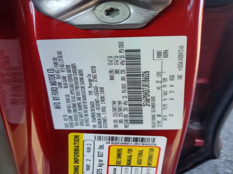 52737546 :رقم المزاد ، 3FA6P0HD7JR186026 vin ، 2018 Ford Fusion مزاد بيع