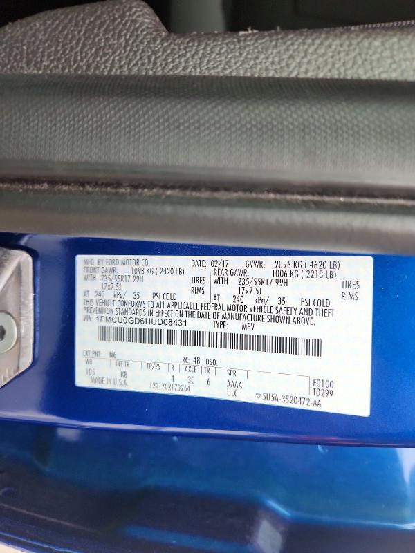 2017 Ford Escape მანქანა იყიდება აუქციონზე, vin: 1FMCU0GD6HUD08431, აუქციონის ნომერი: 54402696