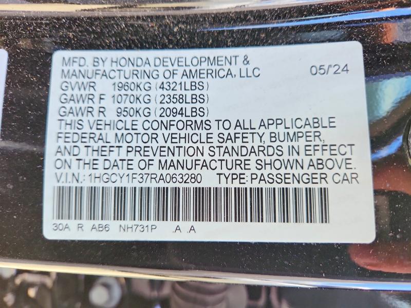 54892866 :رقم المزاد ، 1HGCY1F37RA063280 vin ، 2024 Honda Accord مزاد بيع