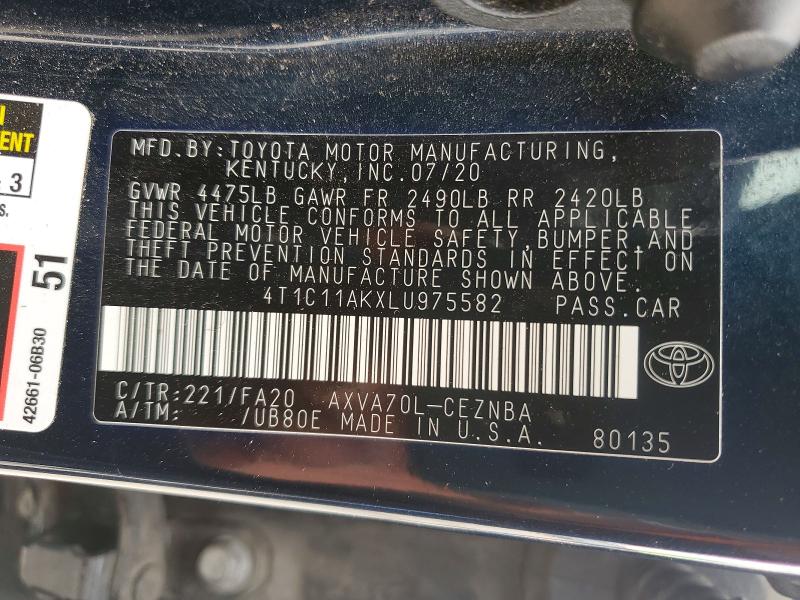 Продажа на аукционе авто 2020 Toyota Camry, vin: 4T1C11AKXLU975582, номер лота: 54663046