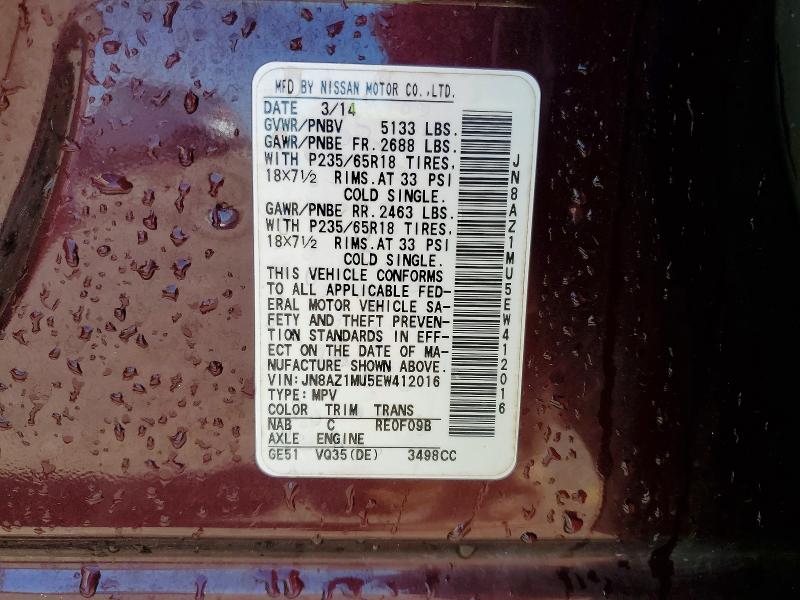 53738976 :رقم المزاد ، JN8AZ1MU5EW412016 vin ، 2014 Nissan Murano مزاد بيع