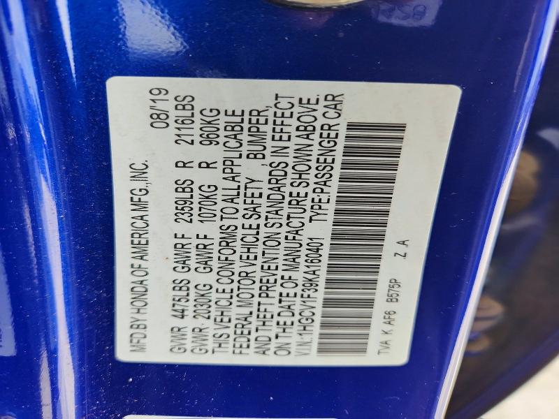Продаж на аукціоні авто 2019 Honda Accord, vin: 1HGCV1F39KA160401, номер лоту: 54926386