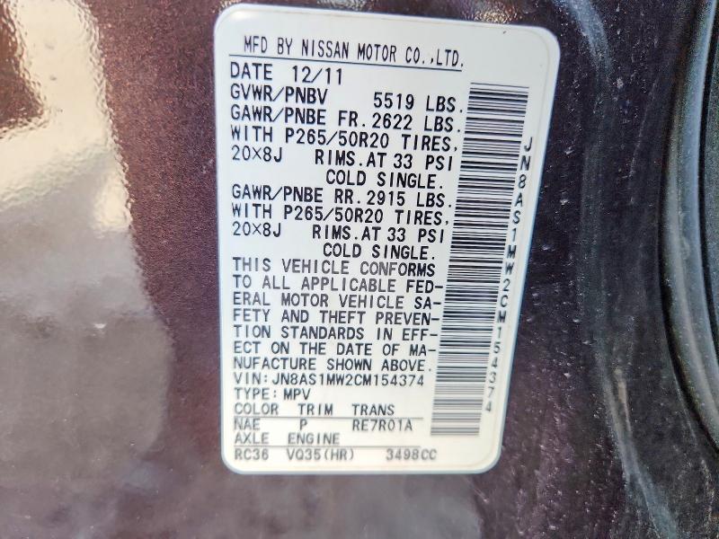 54600996 :رقم المزاد ، JN8AS1MW2CM154374 vin ، 2012 Infiniti Fx35 مزاد بيع