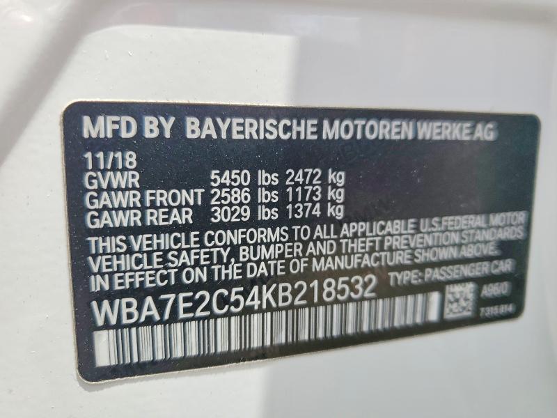 2019 Bmw 740 მანქანა იყიდება აუქციონზე, vin: WBA7E2C54KB218532, აუქციონის ნომერი: 54502026