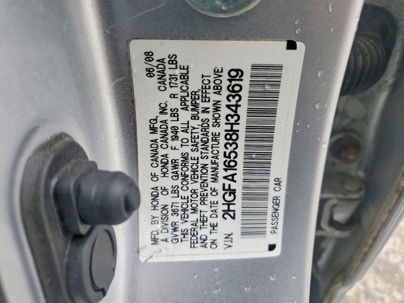 54298446 :رقم المزاد ، 2HGFA16538H343619 vin ، 2008 Honda Civic مزاد بيع