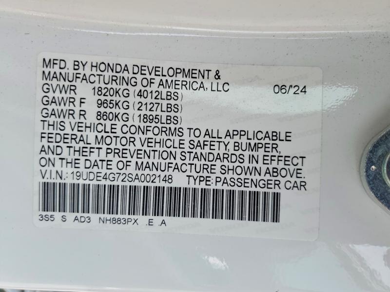 2025 Acura Integra მანქანა იყიდება აუქციონზე, vin: 19UDE4G72SA002148, აუქციონის ნომერი: 51816486