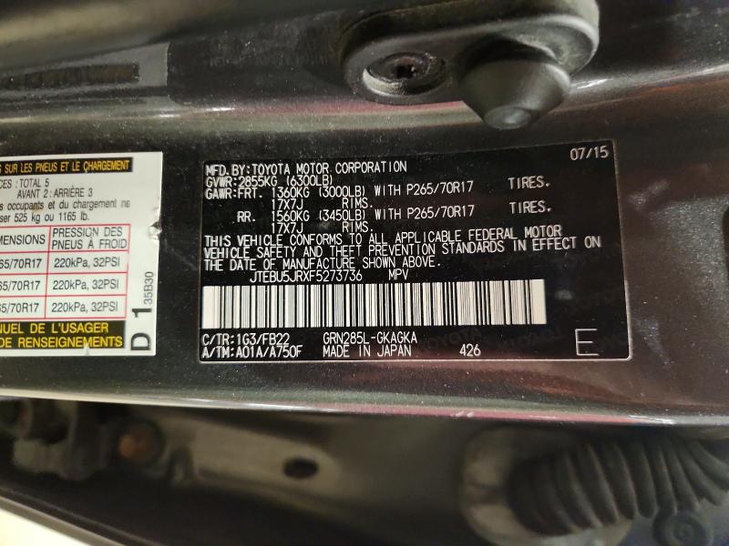 Aukcja sprzedaży 2015 Toyota 4runner, vin: JTEBU5JRXF5273736, numer aukcji: 55368836