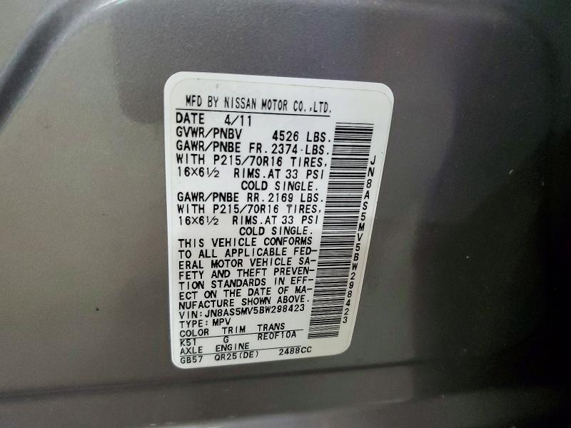 55315276 :رقم المزاد ، JN8AS5MV5BW298423 vin ، 2011 Nissan Rogue مزاد بيع