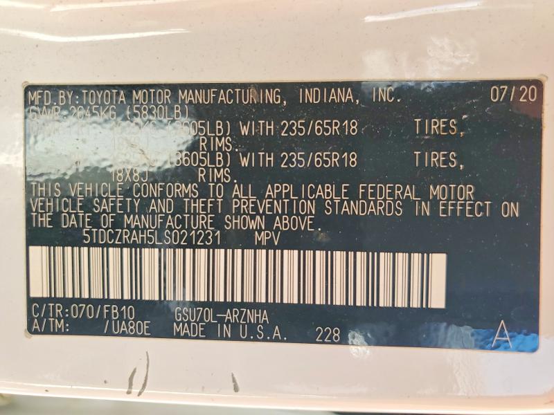 Aukcja sprzedaży 2020 Toyota Highlander, vin: 5TDCZRAH5LS021231, numer aukcji: 52599516