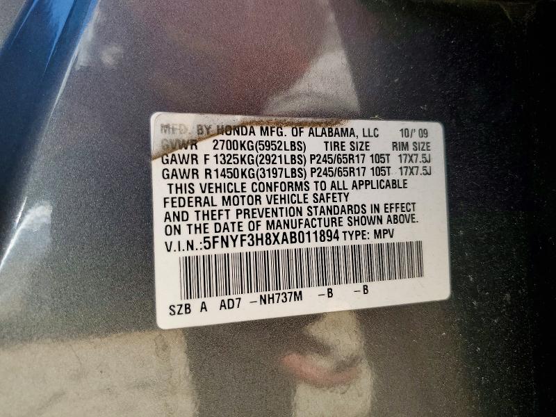 51902346 :رقم المزاد ، 5FNYF3H8XAB011894 vin ، 2010 Honda Pilot مزاد بيع