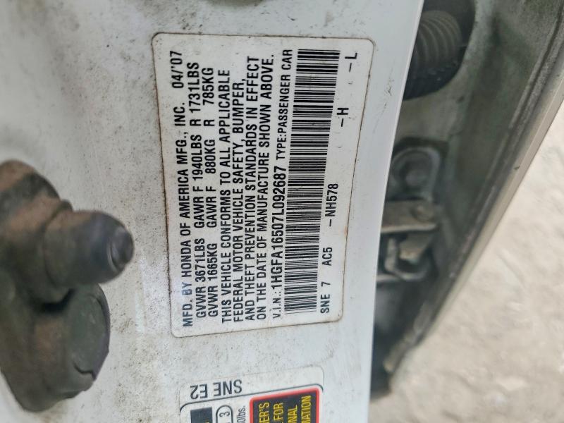 54590246 :رقم المزاد ، 1HGFA16507L092687 vin ، 2007 Honda Civic مزاد بيع