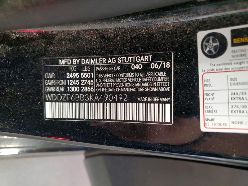53036446 :رقم المزاد ، WDDZF6BB3KA490492 vin ، 2019 Mercedes-benz E مزاد بيع