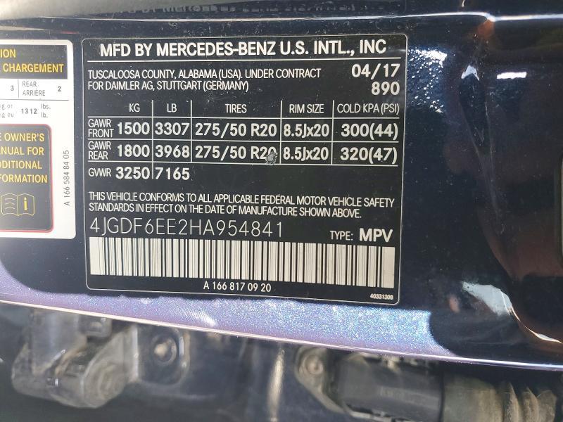55304886 :رقم المزاد ، 4JGDF6EE2HA954841 vin ، 2017 Mercedes-benz Gls مزاد بيع
