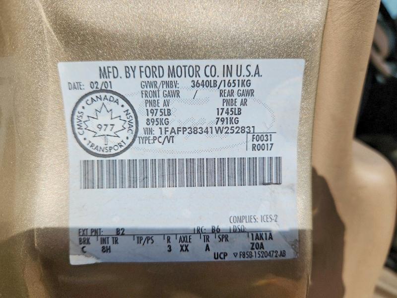 2001 Ford Focus მანქანა იყიდება აუქციონზე, vin: 1FAFP38341W252831, აუქციონის ნომერი: 51771016