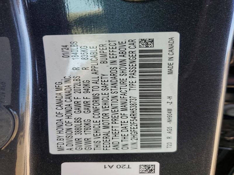 Aukcja sprzedaży 2024 Honda Civic, vin: 2HGFE2F54RH538737, numer aukcji: 53634856