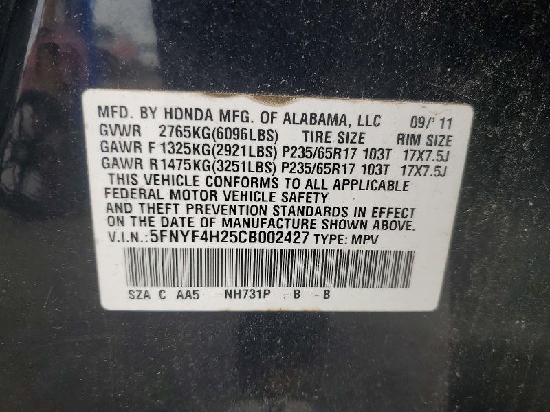Продажа на аукционе авто 2012 Honda Pilot, vin: 5FNYF4H25CB002427, номер лота: 54355206