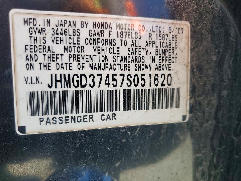 2007 Honda Fit მანქანა იყიდება აუქციონზე, vin: JHMGD37457S051620, აუქციონის ნომერი: 46779346