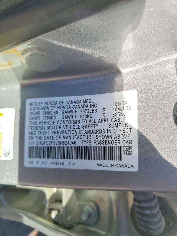 Продажа на аукционе авто 2025 Honda Civic, vin: 2HGFE2F59SH524046, номер лота: 54006796