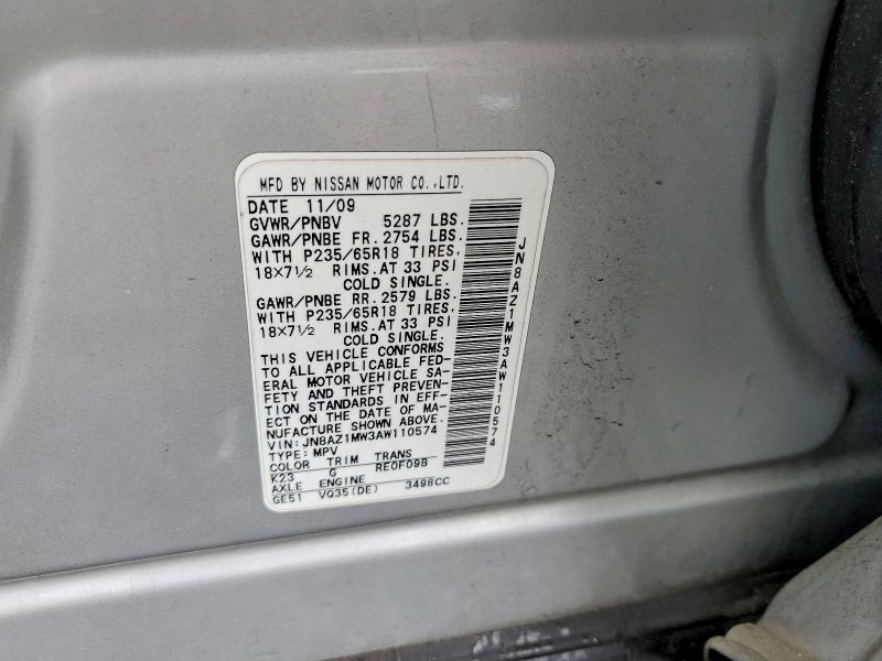 Aukcja sprzedaży 2010 Nissan Murano, vin: JN8AZ1MW3AW110574, numer aukcji: 54642686
